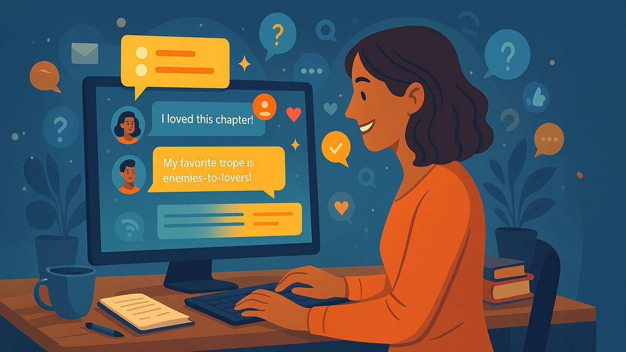A woman smiles as she types at a desk with a computer displaying chat bubbles. The screen shows messages about loving a chapter and enjoying the "enemies-to-lovers" trope. The scene is warmly lit, with books, a mug, plants, and decorative question mark icons.