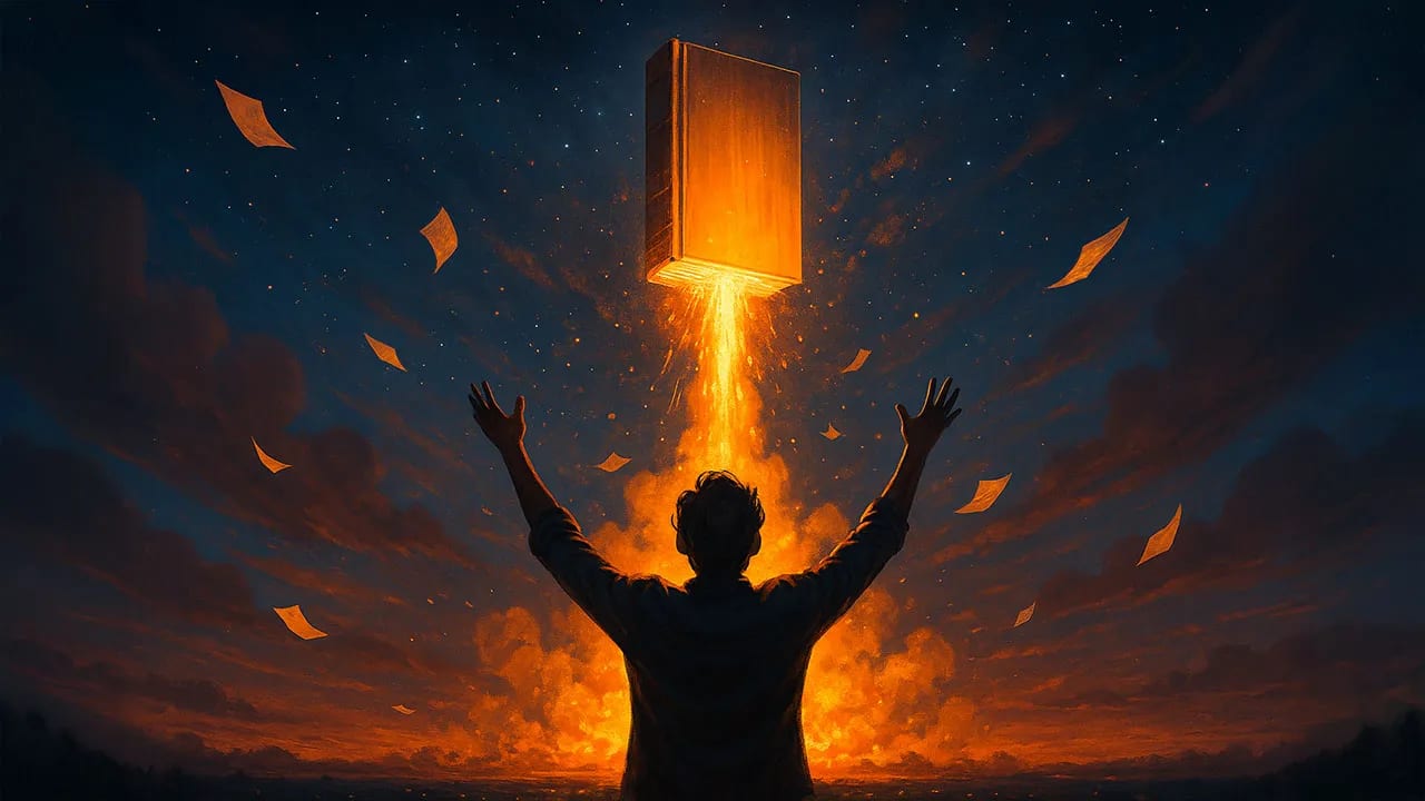 An author with raised arms stands before a glowing, upright book shooting light skyward at night—scattered pages float around, capturing the awe of a successful book launch against a starlit sky and swirling clouds.